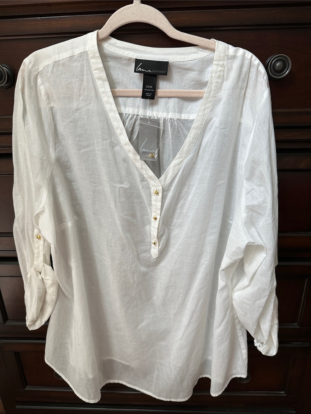 Lane Bryant White V-Neck Gold-Button Tunic